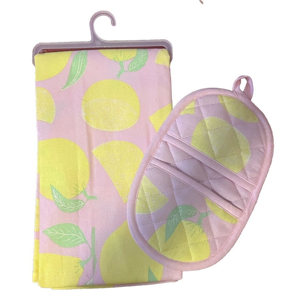 New Lemons 🍋 Table Throw & Matching Oven Mitt Lemons & Pink 50x50 Quality Cloth